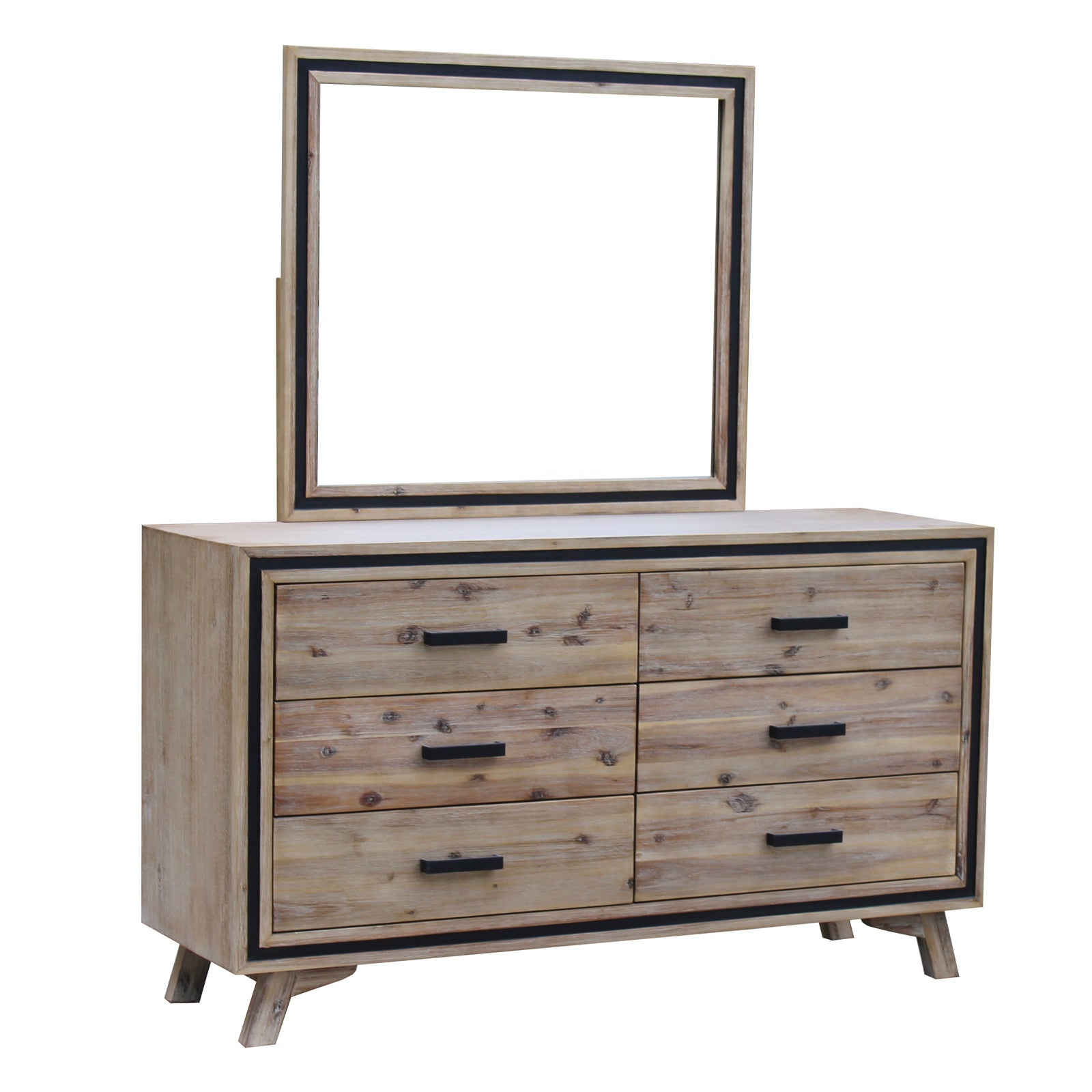 Dresser with mirror frame, wood finish, six drawers with dark pulls and legs