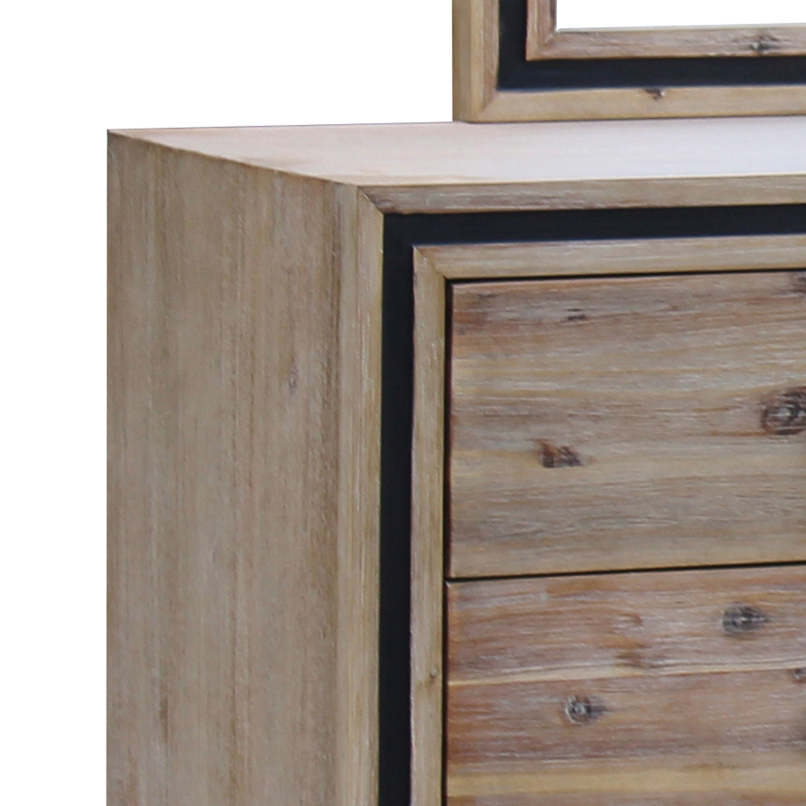 Tall dresser side panel with dark edge trim and visible drawer hardware
