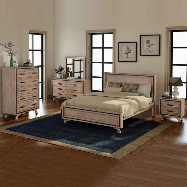 King-size bed with matching bedroom furniture set, including bedside tables and tall dresser