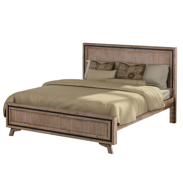 King-size bed frame with panel headboard, side rails, and beige bedding
