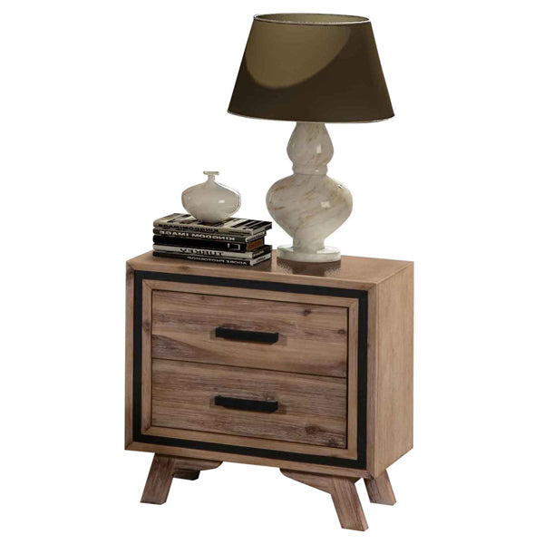 Wood bedside table with drawer, styled with a decorative lamp and stack of books