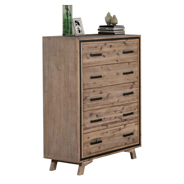 Tallboy dresser cabinet with multiple drawers and black bar handles in wood finish