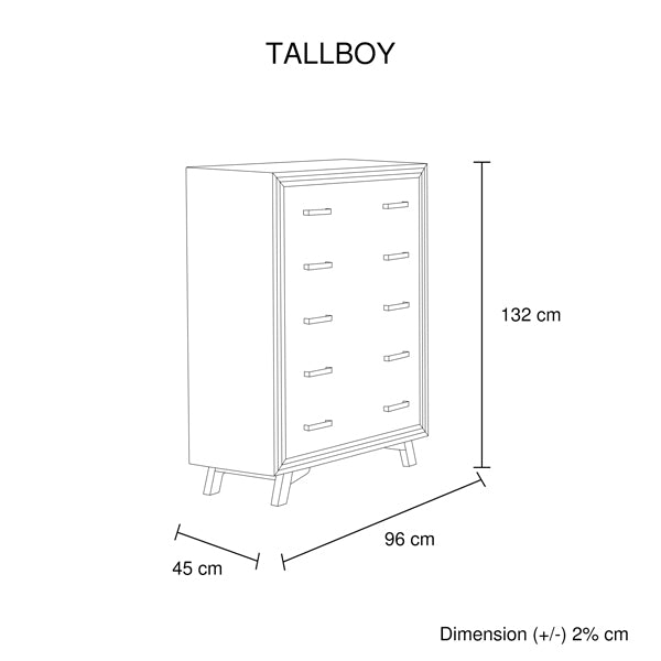 Tallboy cabinet dimension diagram with drawer layout and measurements