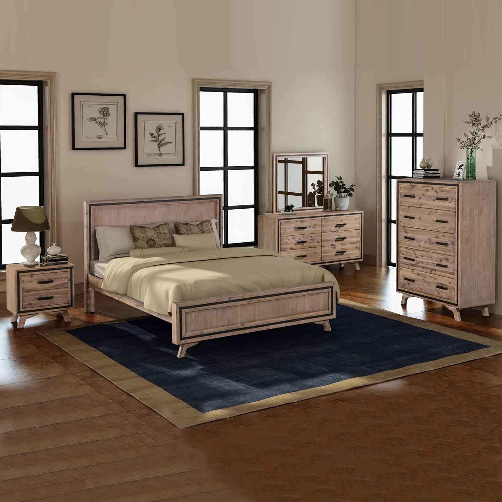Queen bed frame with light wood finish, cream bedding, and matching bedside drawer tables