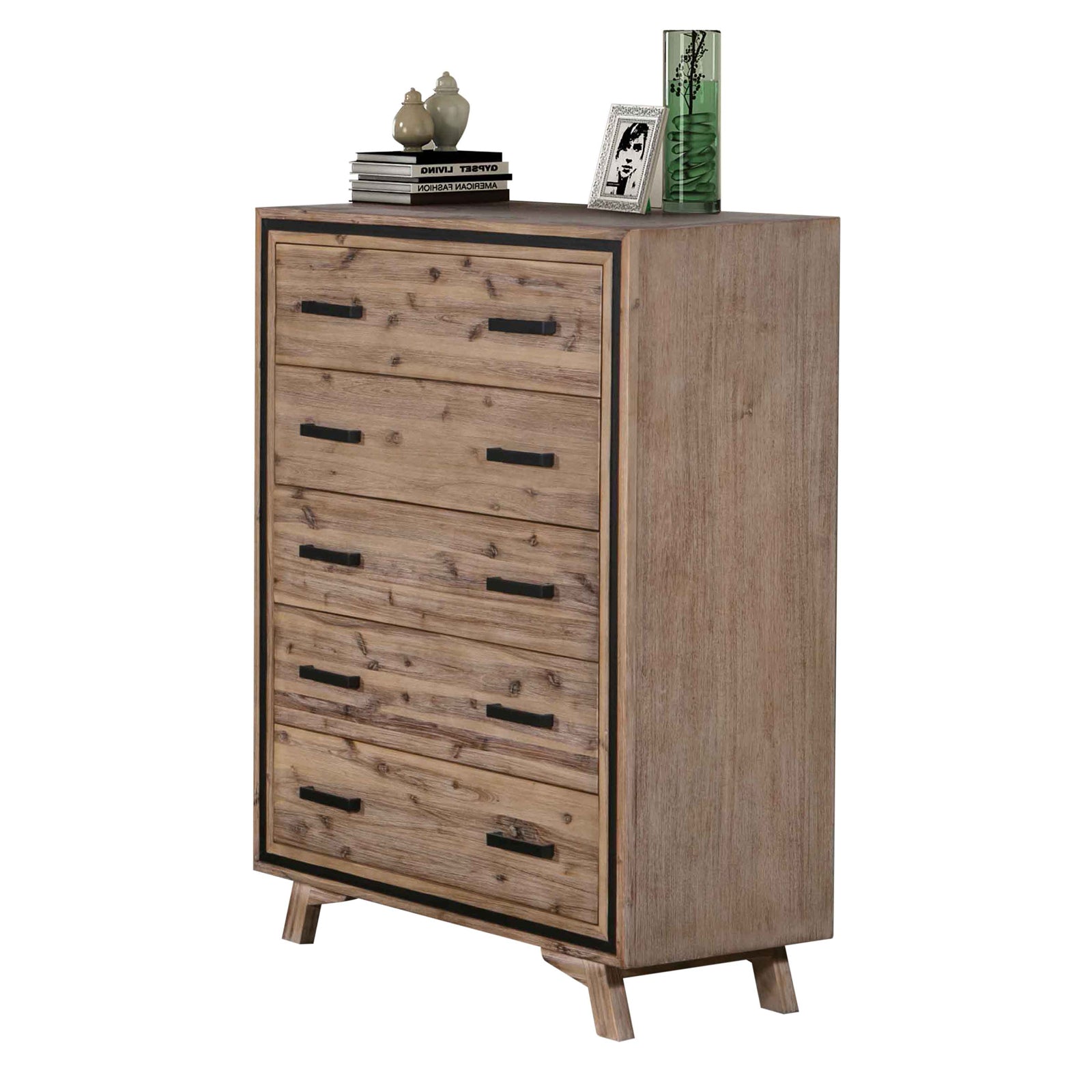 Tall wood storage cabinet with multiple drawers and black drawer pulls