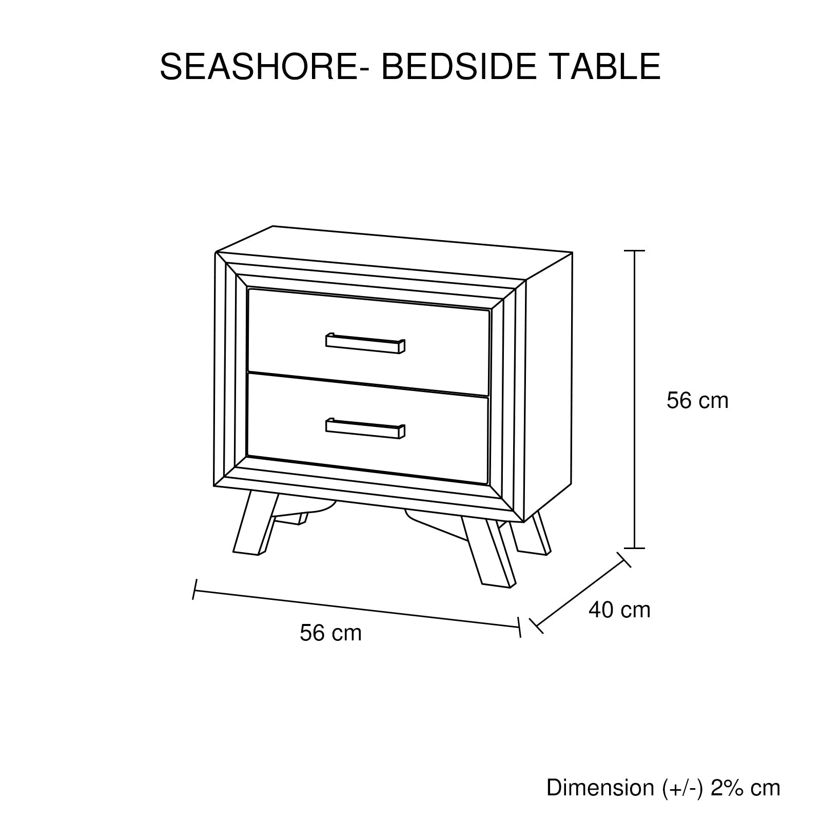 Bedside table dimension diagram with labeled height and width measurements