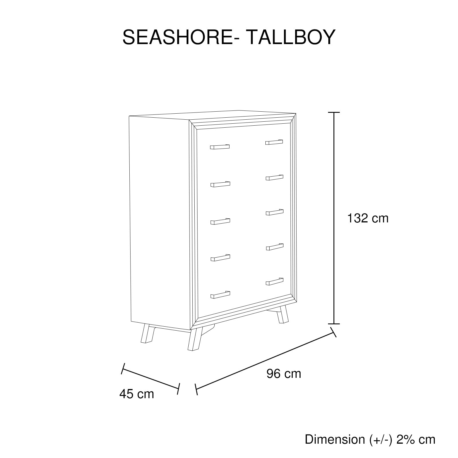 Tallboy cabinet dimension diagram with labeled height and width measurements