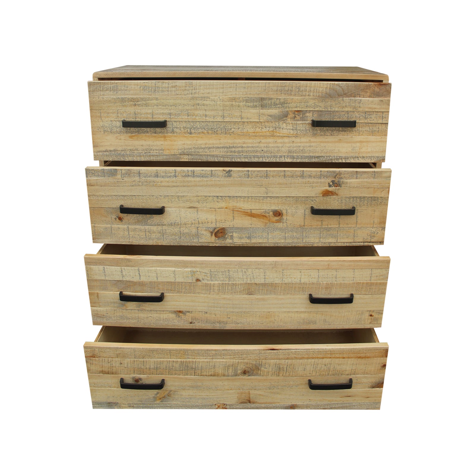 Light brown tallboy dresser with stacked drawers and black pull handles