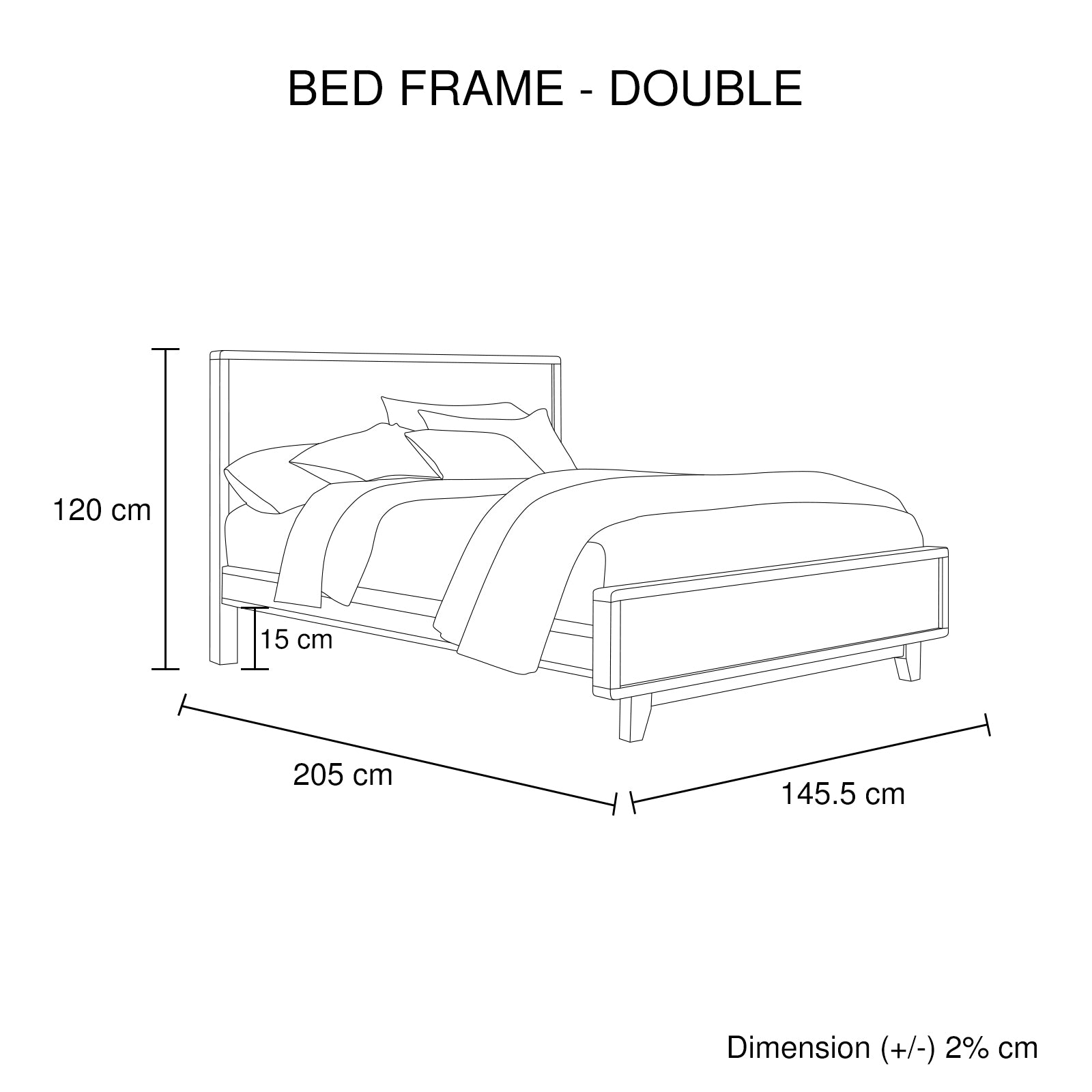 Light brown double bed frame with headboard and footboard