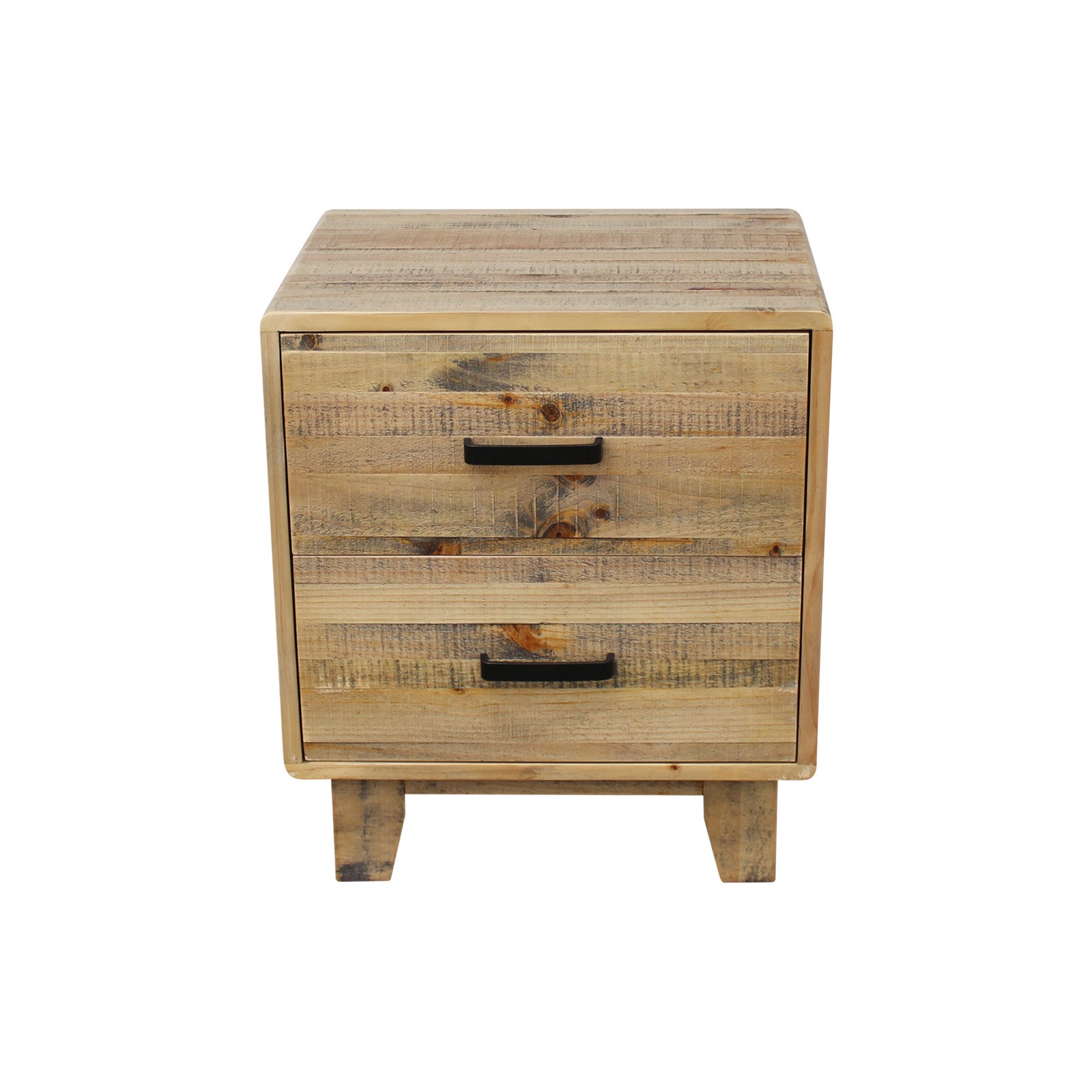 Antique light brown wooden bedside table with three drawers and dark handles