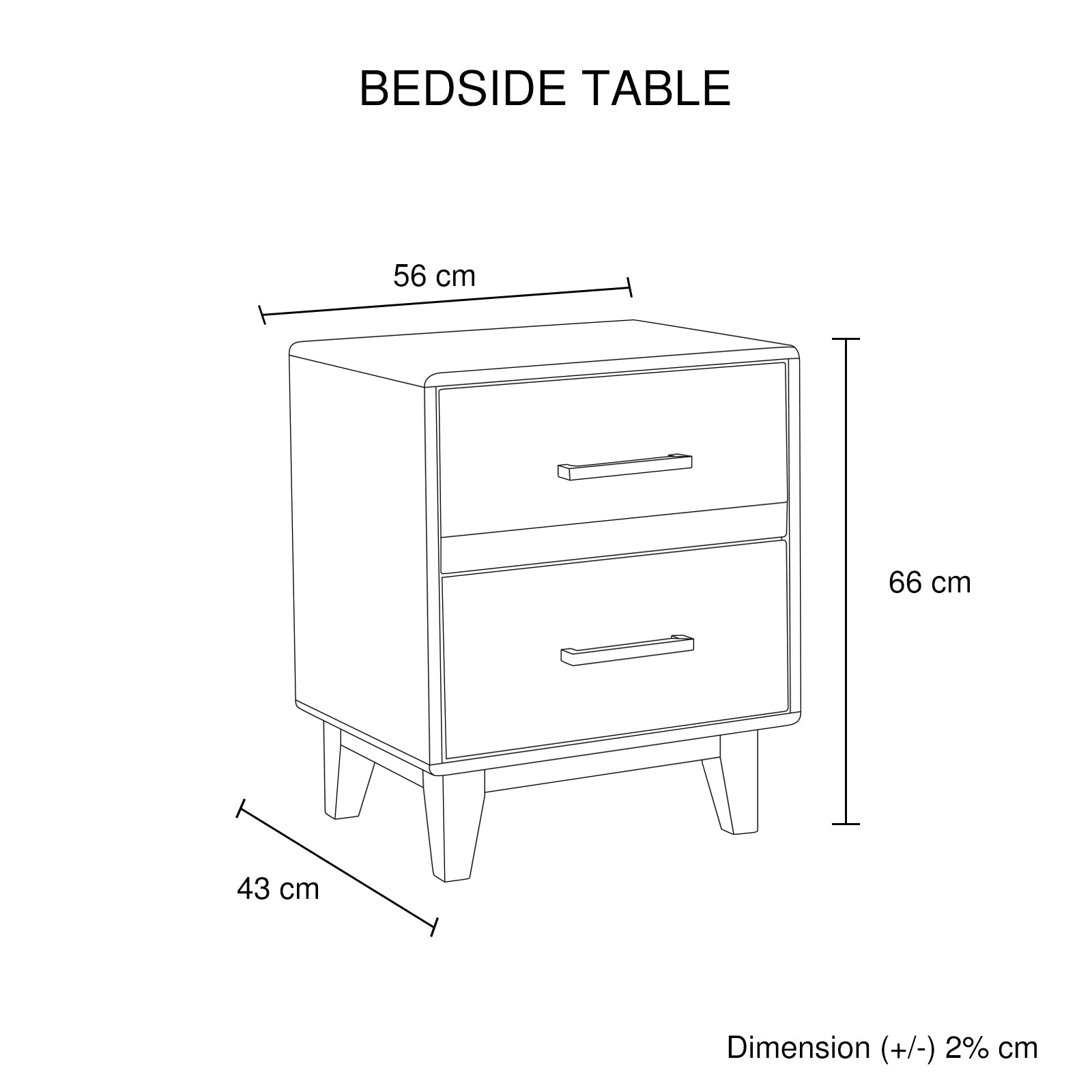 Wood bedside table with 2 drawers, metal pulls, and tapered legs, light brown