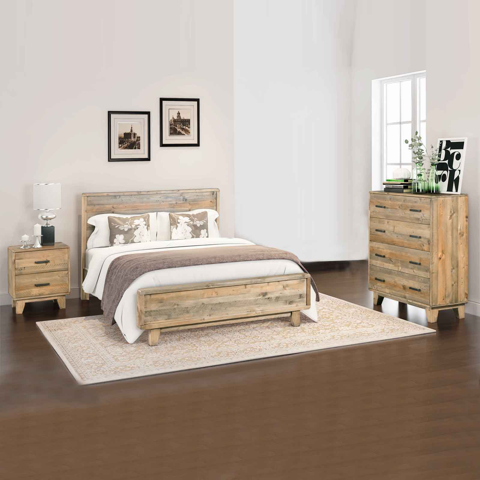 Queen bed frame in light brown solid wood with headboard and footboard