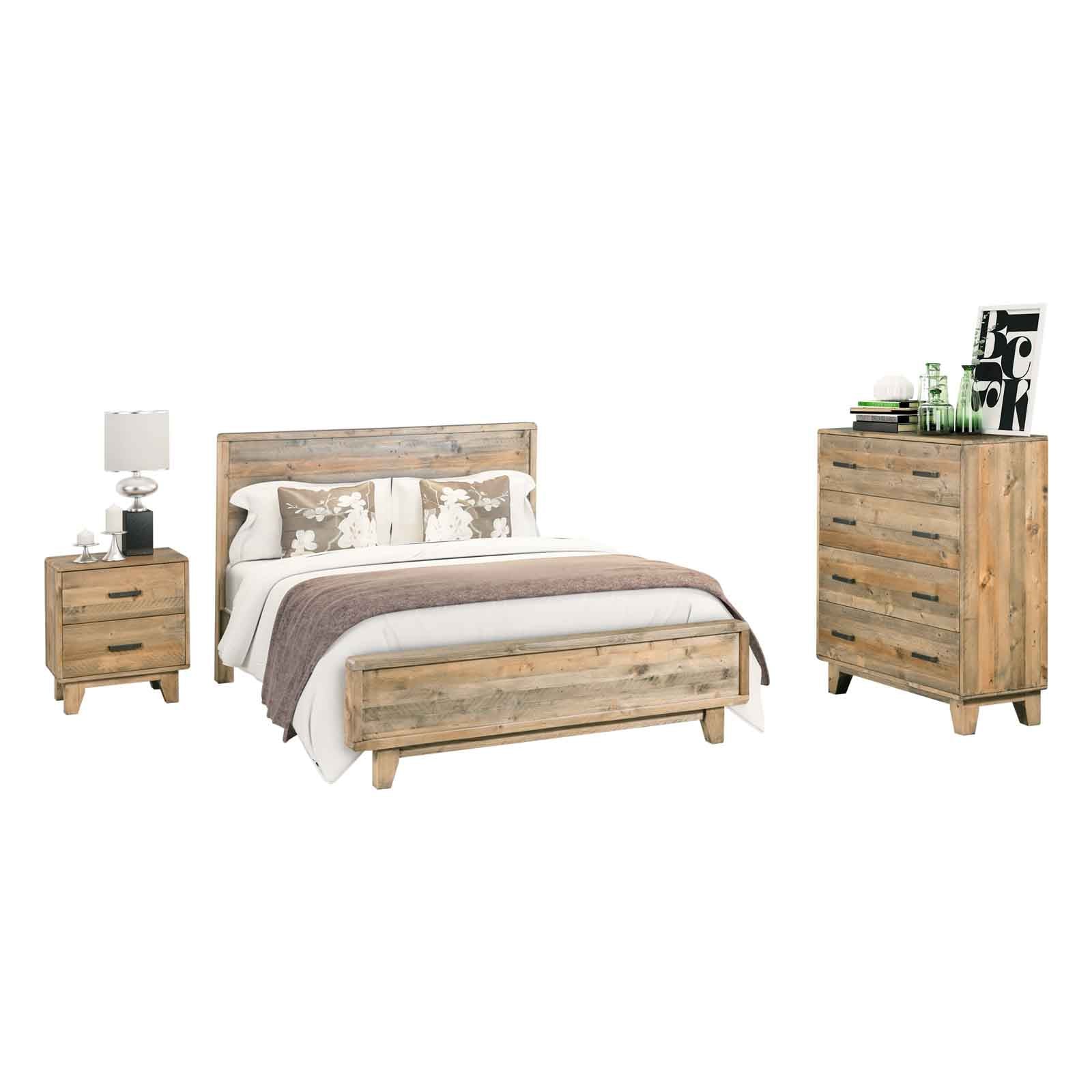 Queen bedroom suite set with bed, bedside table, and tallboy in light brown wood