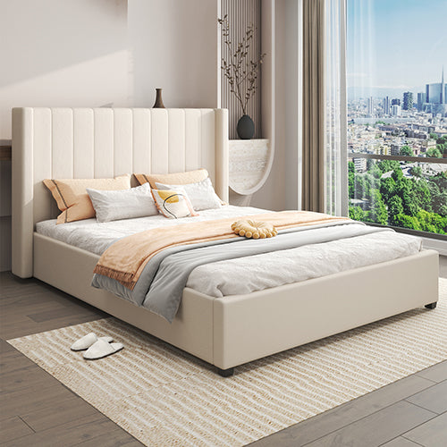 Alexa Queen Size High Rise Headboard Linen Beige Fabric Four MDF Drawers with Wheels Bed Frame Bedworld