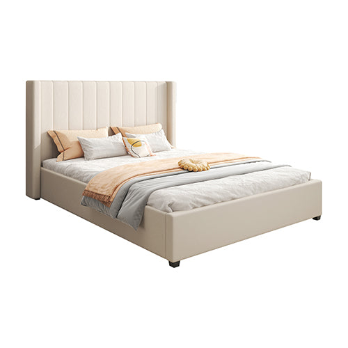 Alexa Queen Size High Rise Headboard Linen Beige Fabric Four MDF Drawers with Wheels Bed Frame Bedworld