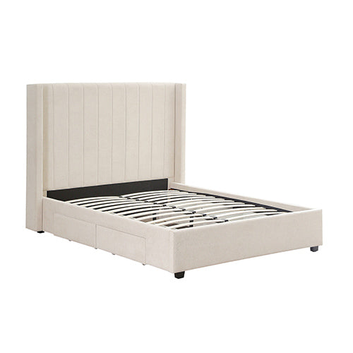 Alexa Queen Size High Rise Headboard Linen Beige Fabric Four MDF Drawers with Wheels Bed Frame Bedworld