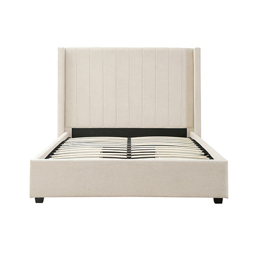 Alexa Queen Size High Rise Headboard Linen Beige Fabric Four MDF Drawers with Wheels Bed Frame Bedworld