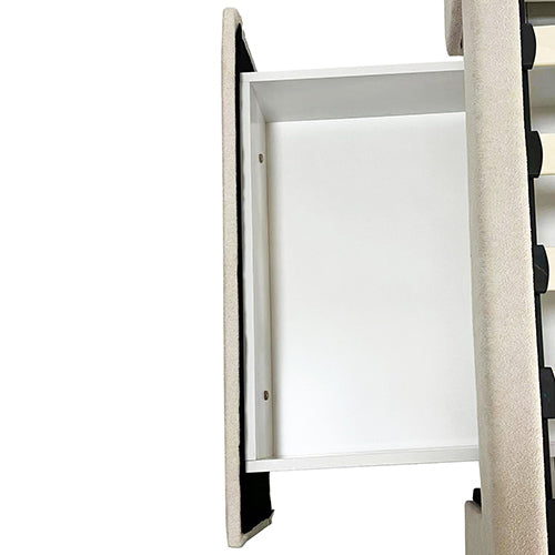 Alexa Queen Size High Rise Headboard Linen Beige Fabric Four MDF Drawers with Wheels Bed Frame Bedworld