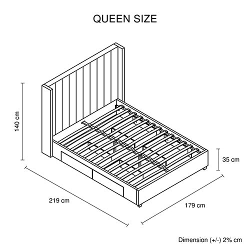 Alexa Queen Size High Rise Headboard Linen Beige Fabric Four MDF Drawers with Wheels Bed Frame Bedworld