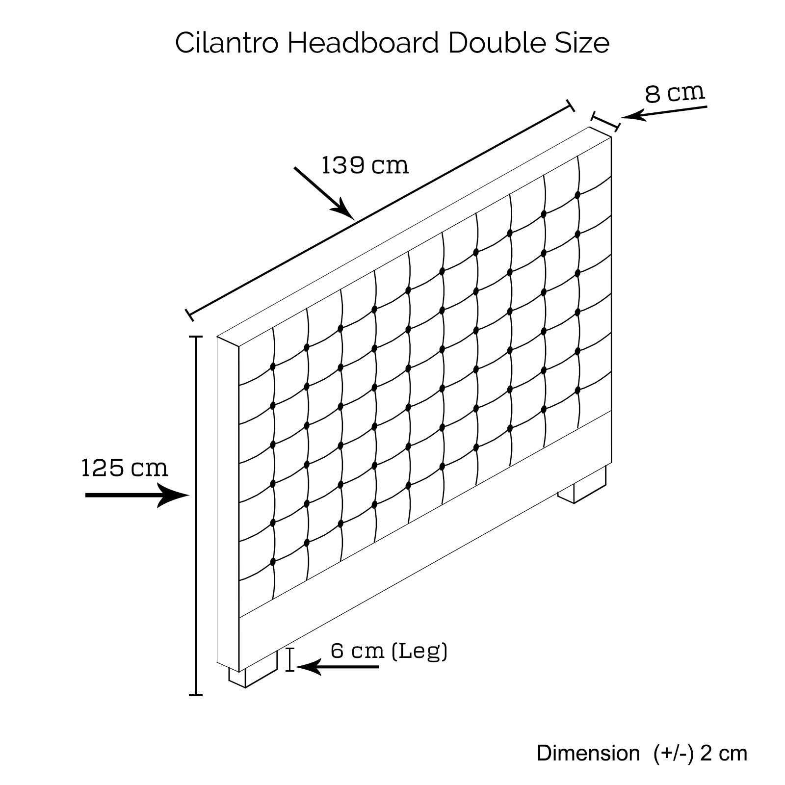 Double-size headboard diagram with overall and thickness measurements