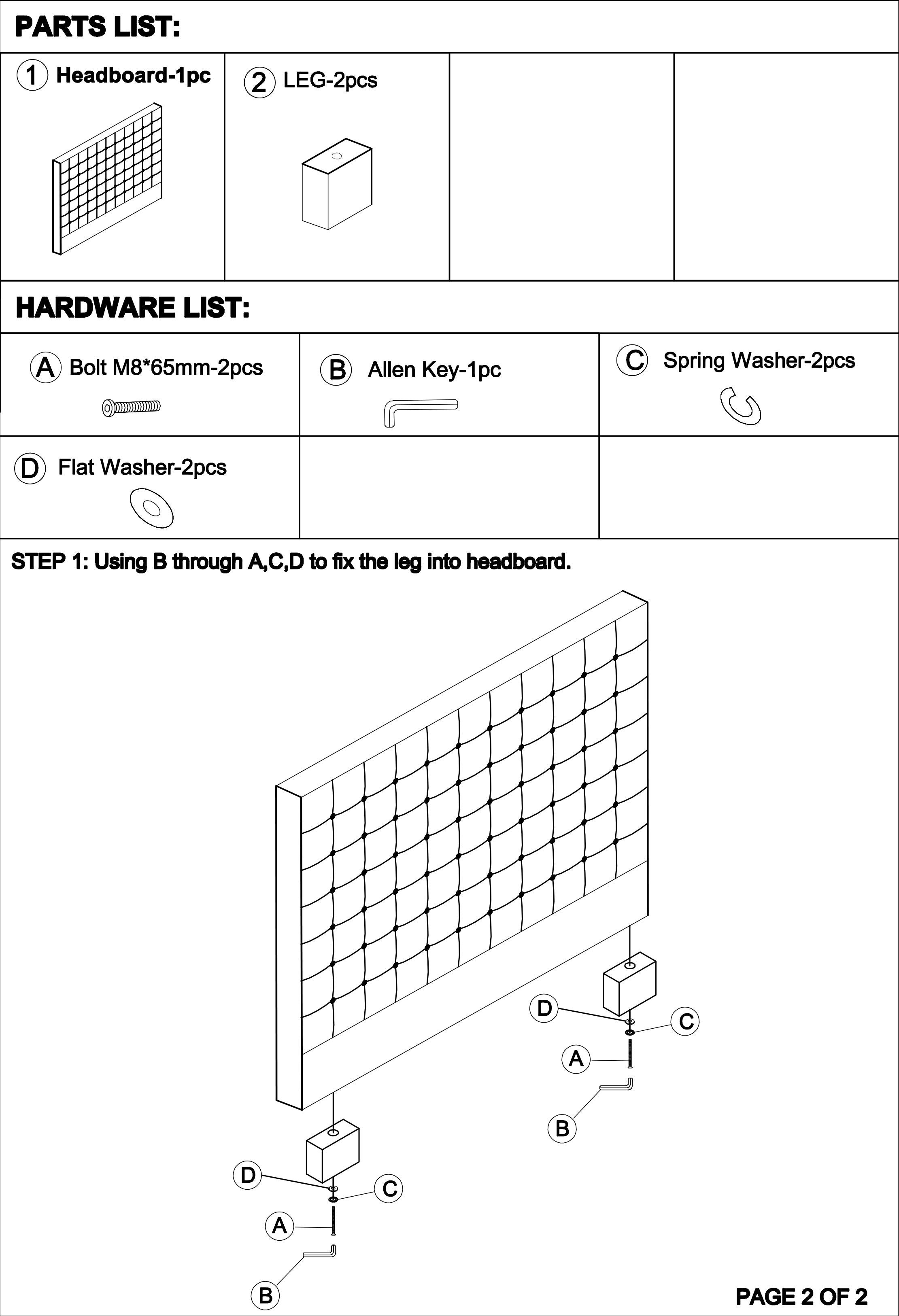 Headboard assembly instruction diagram with parts list and hardware callouts