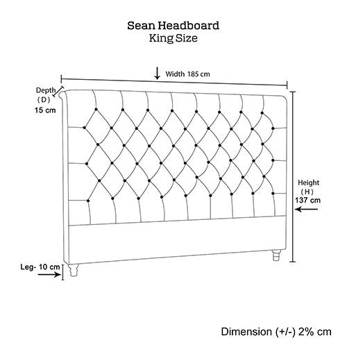 King-size upholstered headboard dimensions diagram with width, height, and depth