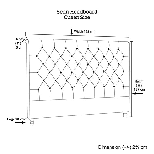 Queen-size upholstered headboard diagram with width, height, depth, and tufting