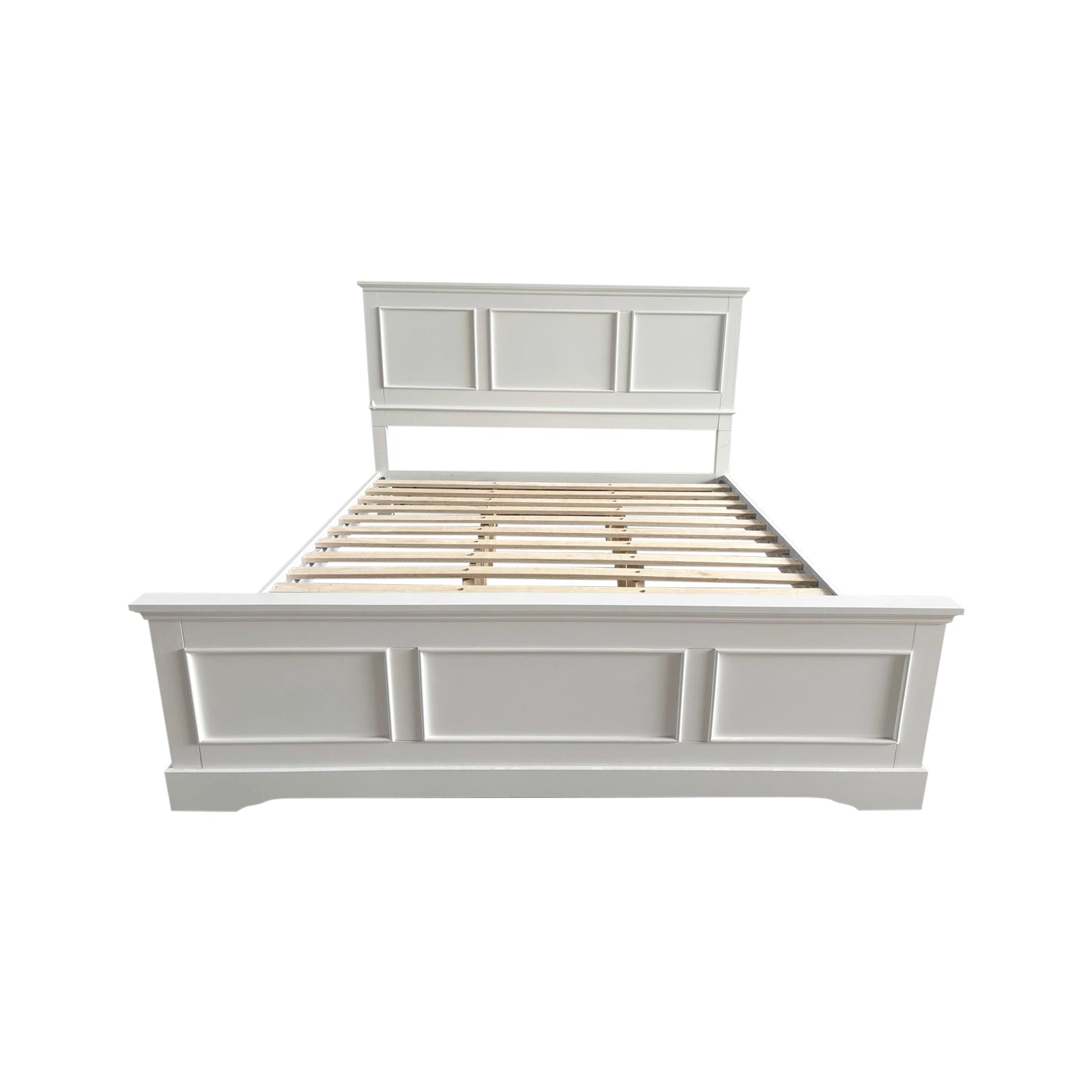White king bed frame with slatted support, paneled headboard and footboard