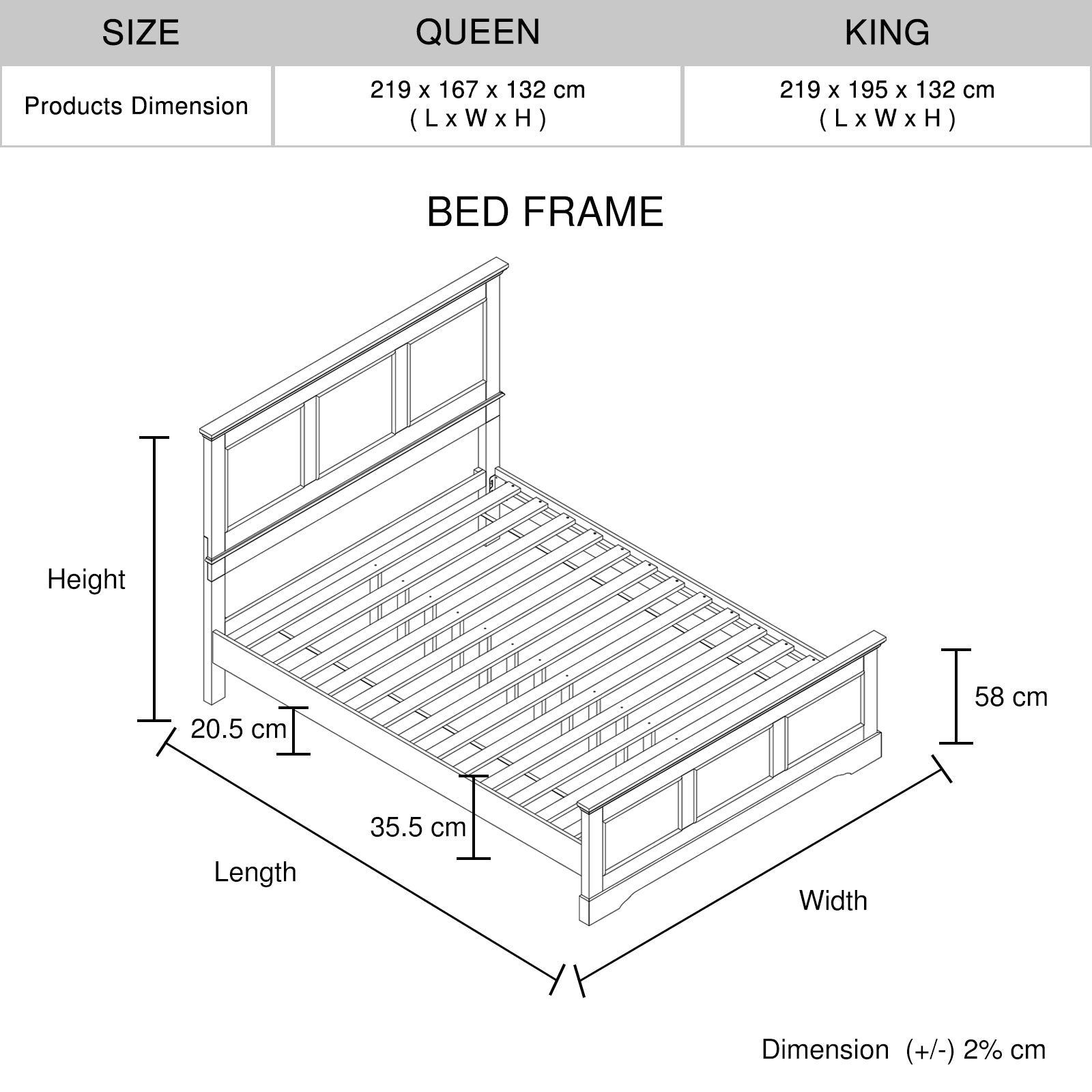 King bed frame size diagram showing slats, height and width measurements