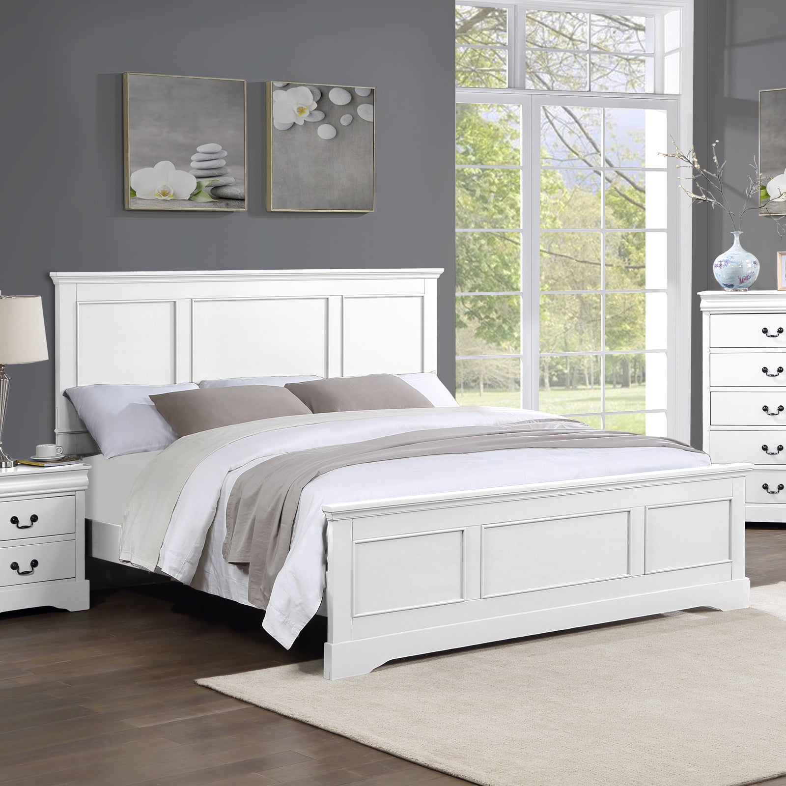 White king bed frame with slatted base, paneled headboard and low footboard