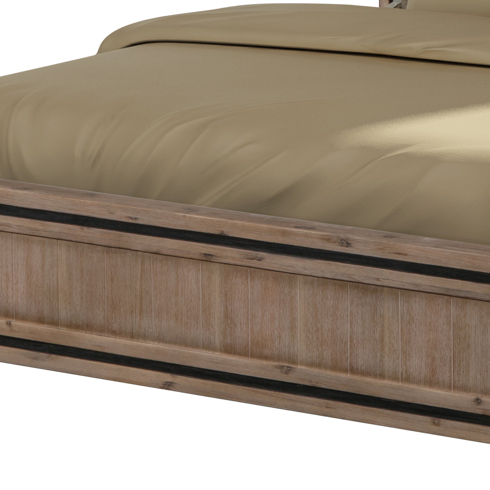 King-size acacia wood bed frame side rail with silver brush finish detail