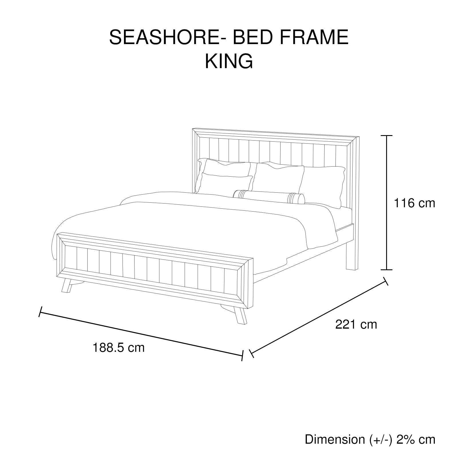 SEASHORE king-size bed frame dimension diagram, height 116 cm, length 188.5 cm