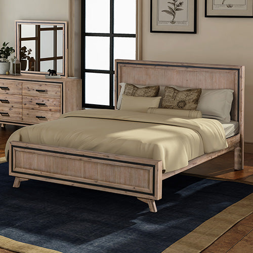 Queen bed frame with light acacia wood and silver trim, slat panel headboard