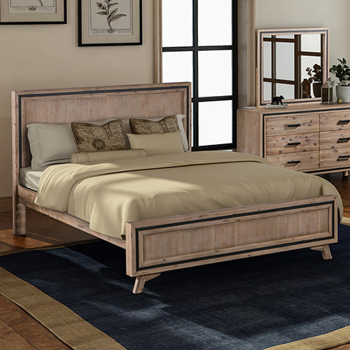 Queen bed frame with light acacia wood and silver trim, side rails and footboard