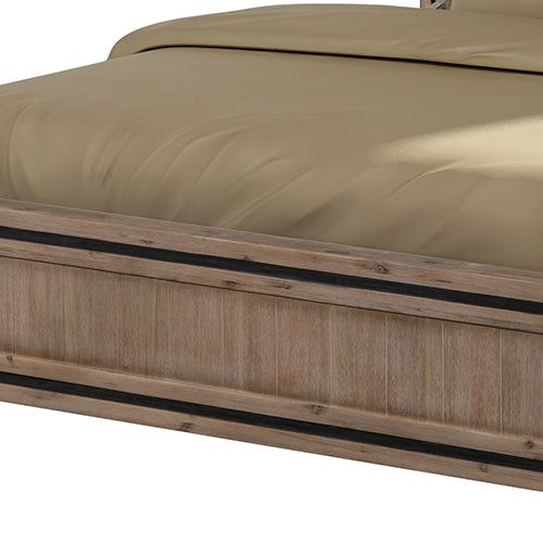 Acacia wood bed rail with silver trim stripe and smooth light upholstered headboard