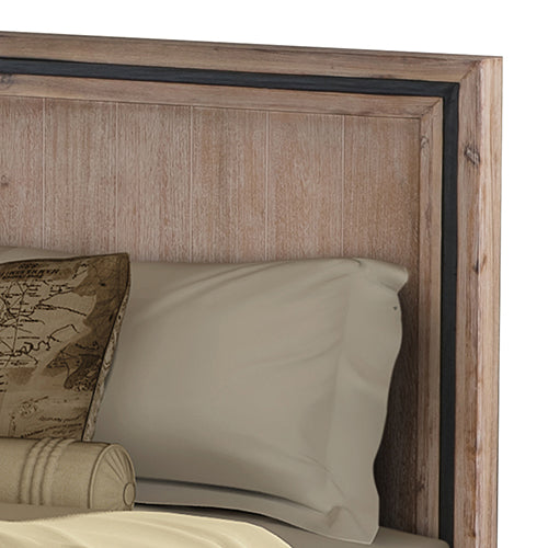 Acacia wood headboard panel with silver trim and two beige pillows