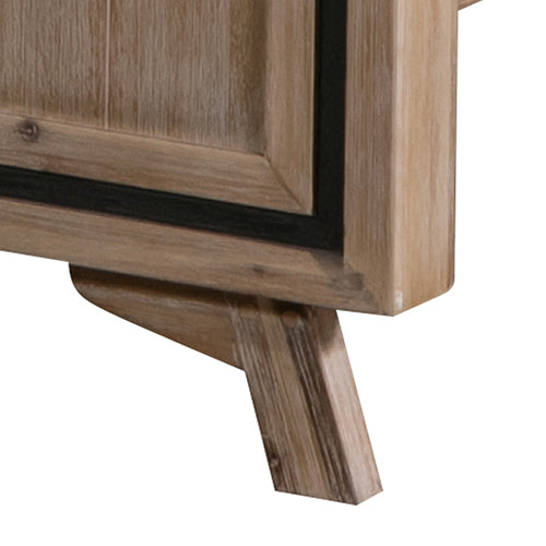 Acacia wood bed frame corner with tapered legs and silver trim panel