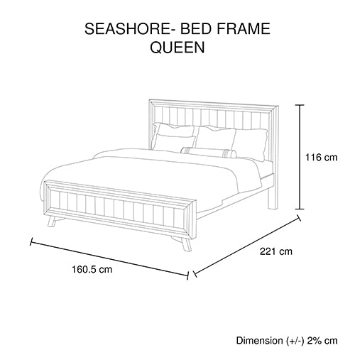 Queen bed frame line drawing with dimensions and height and width labels