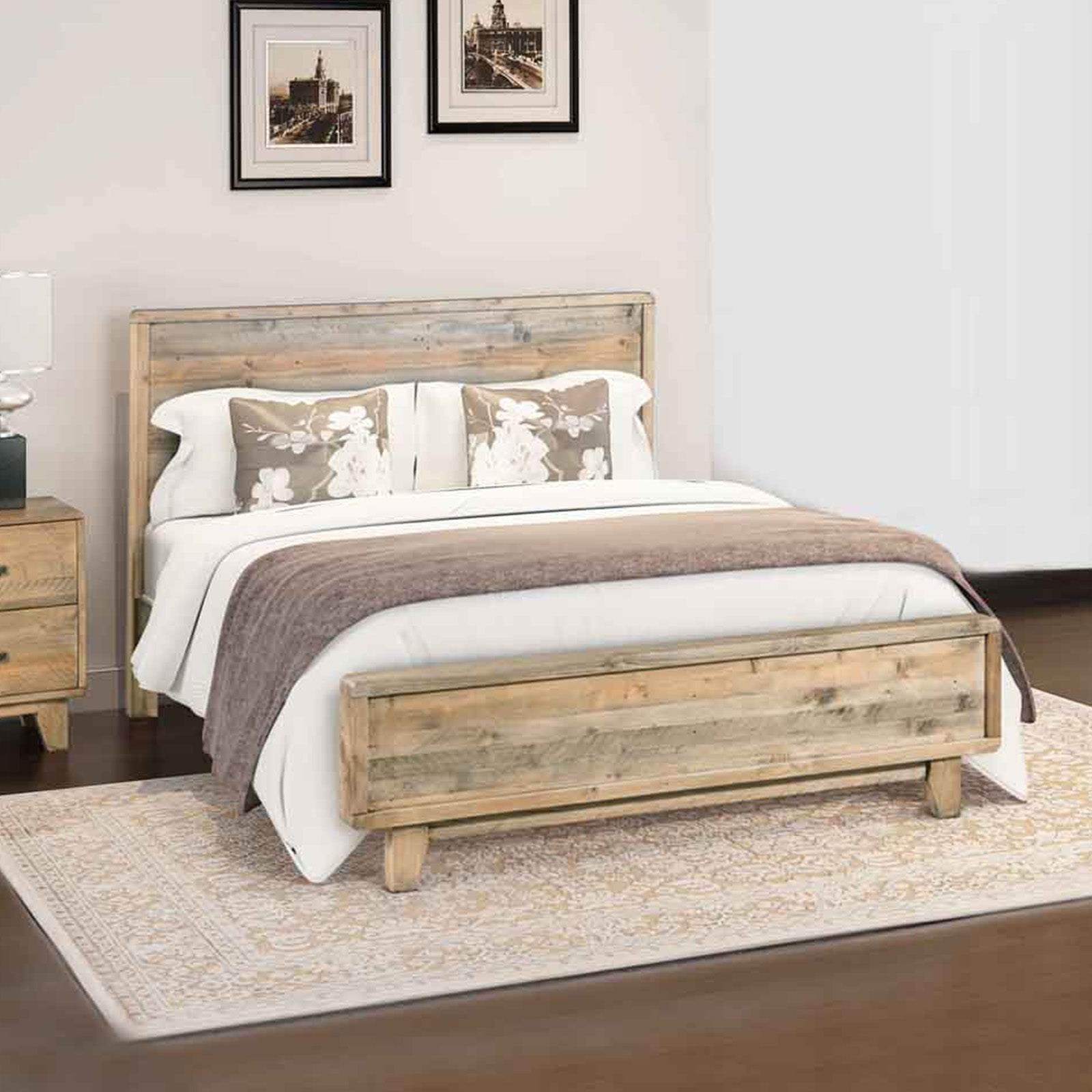 King-size wooden bed frame with light brown headboard and footboard, distressed finish