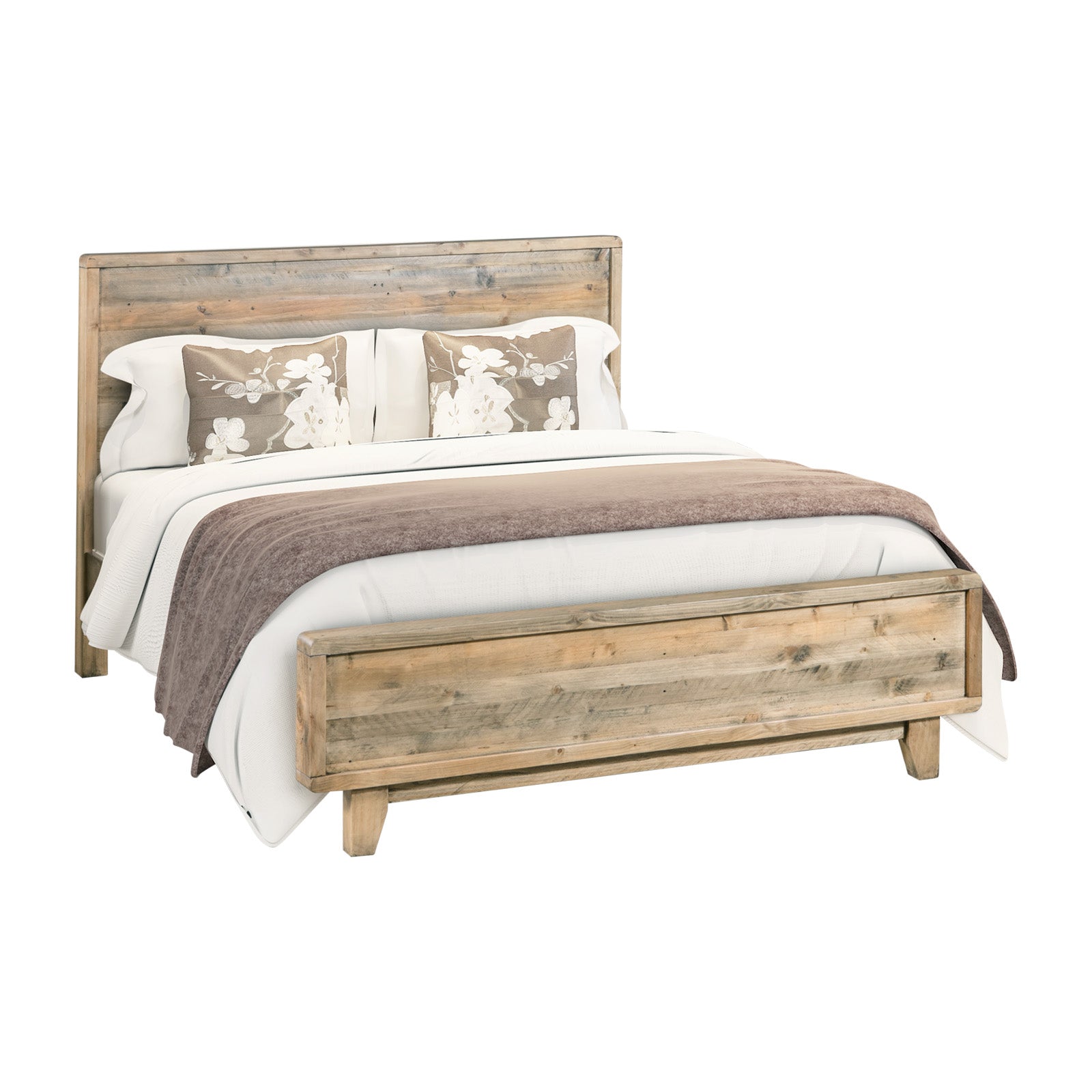 King-size wooden bed frame with light brown headboard and footboard, raised side rails