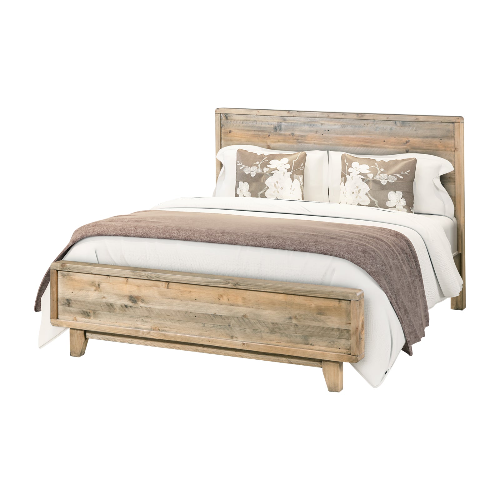 King-size wooden bed frame with light brown headboard and matching footboard, low profile