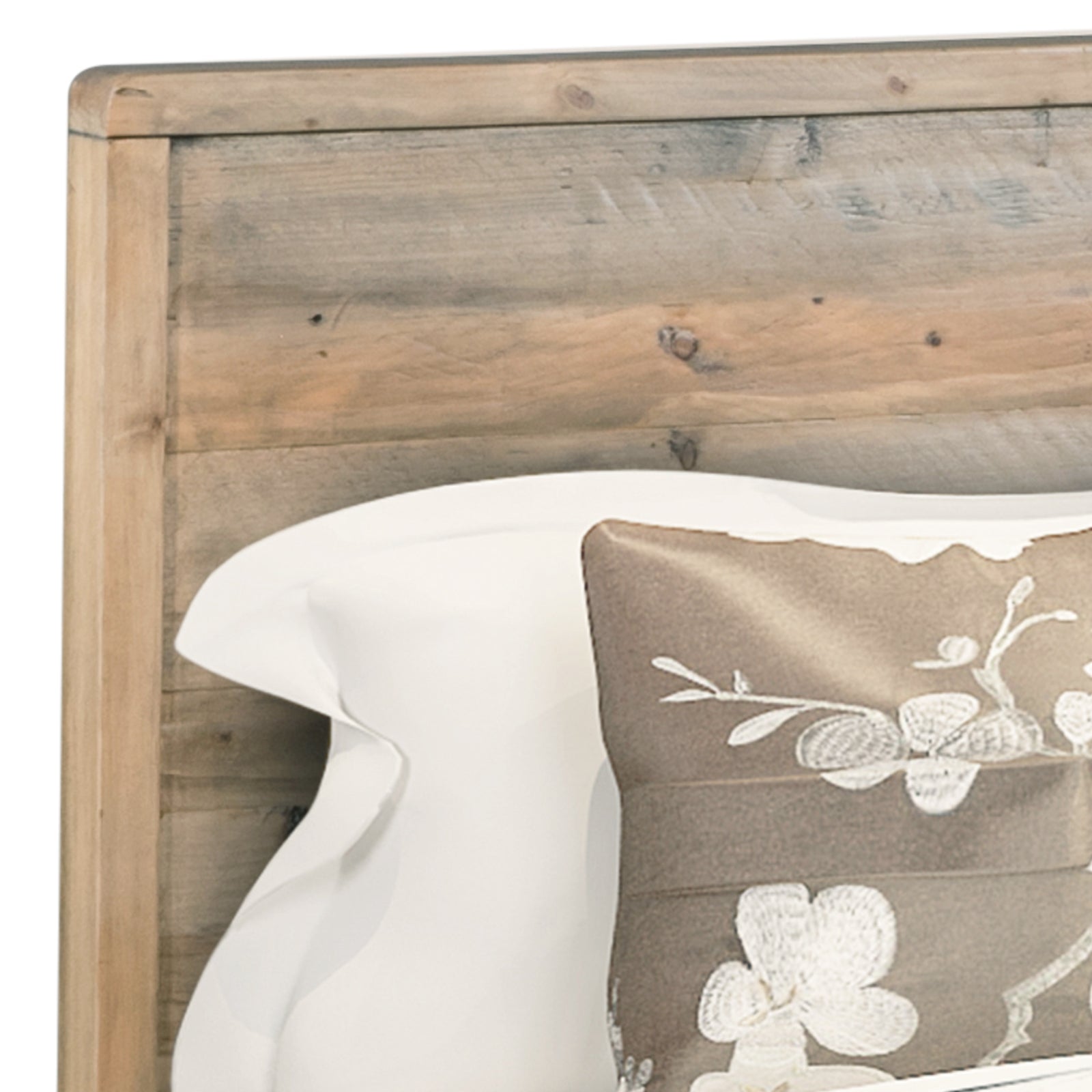 Light brown wooden headboard with distressed plank texture and rounded corner