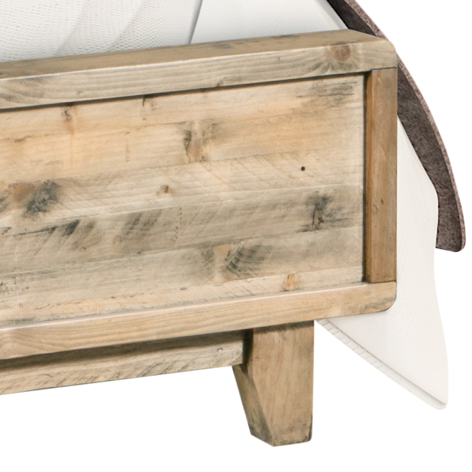 Light brown wooden bed frame side rail with corner leg and distressed finish
