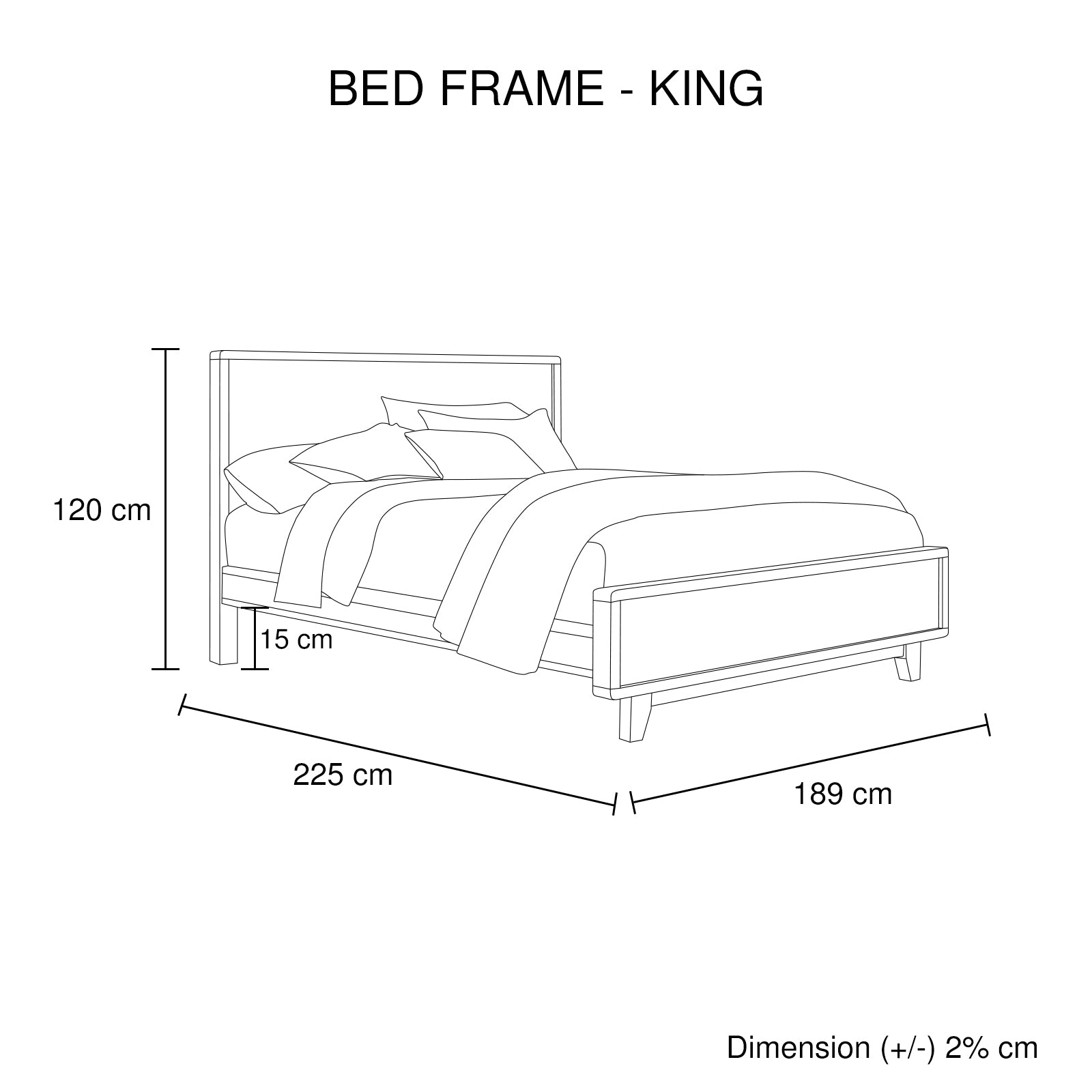 Bed frame size chart diagram with king measurements for height and length