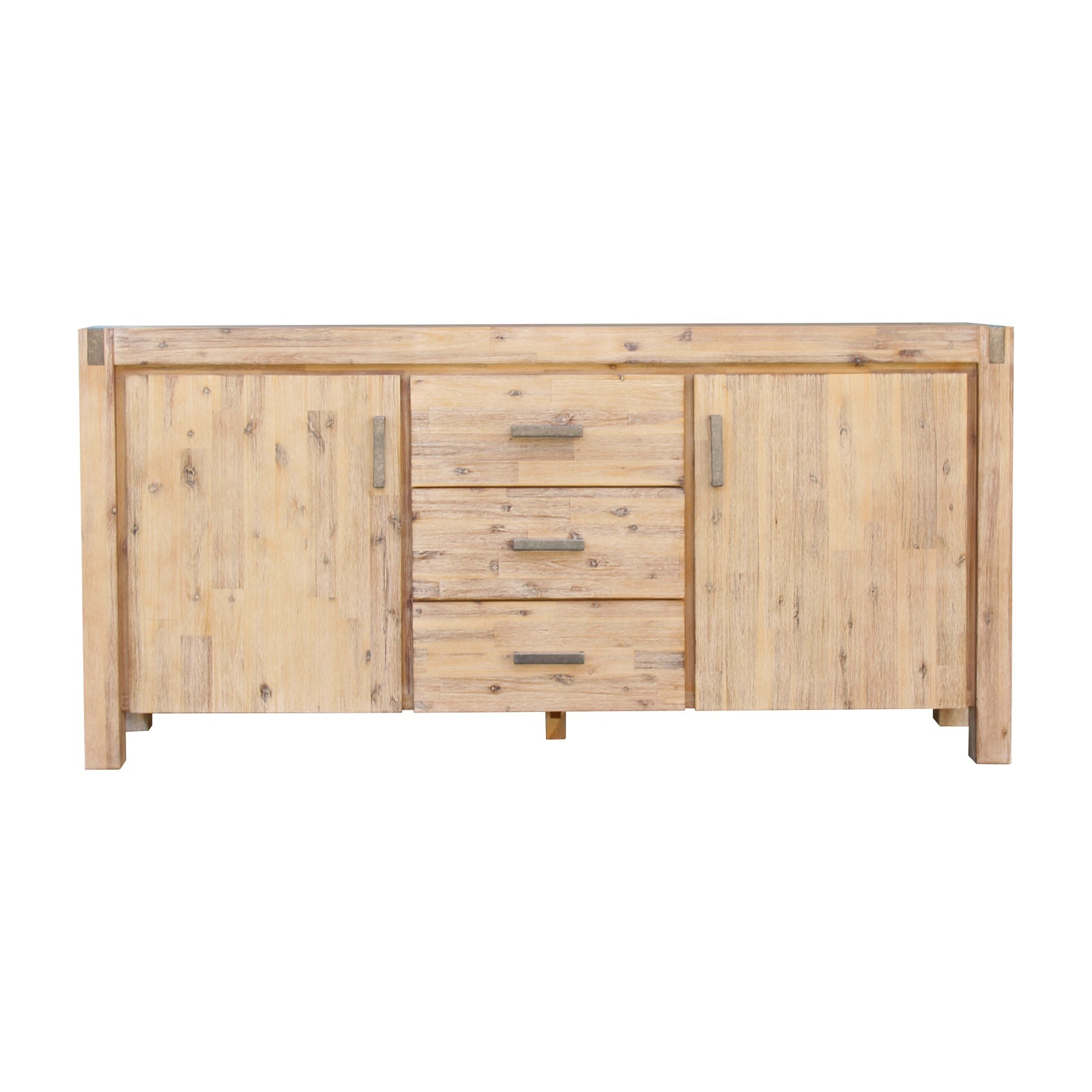 Oak wood sideboard with two cabinet doors and four drawers, solid acacia frame