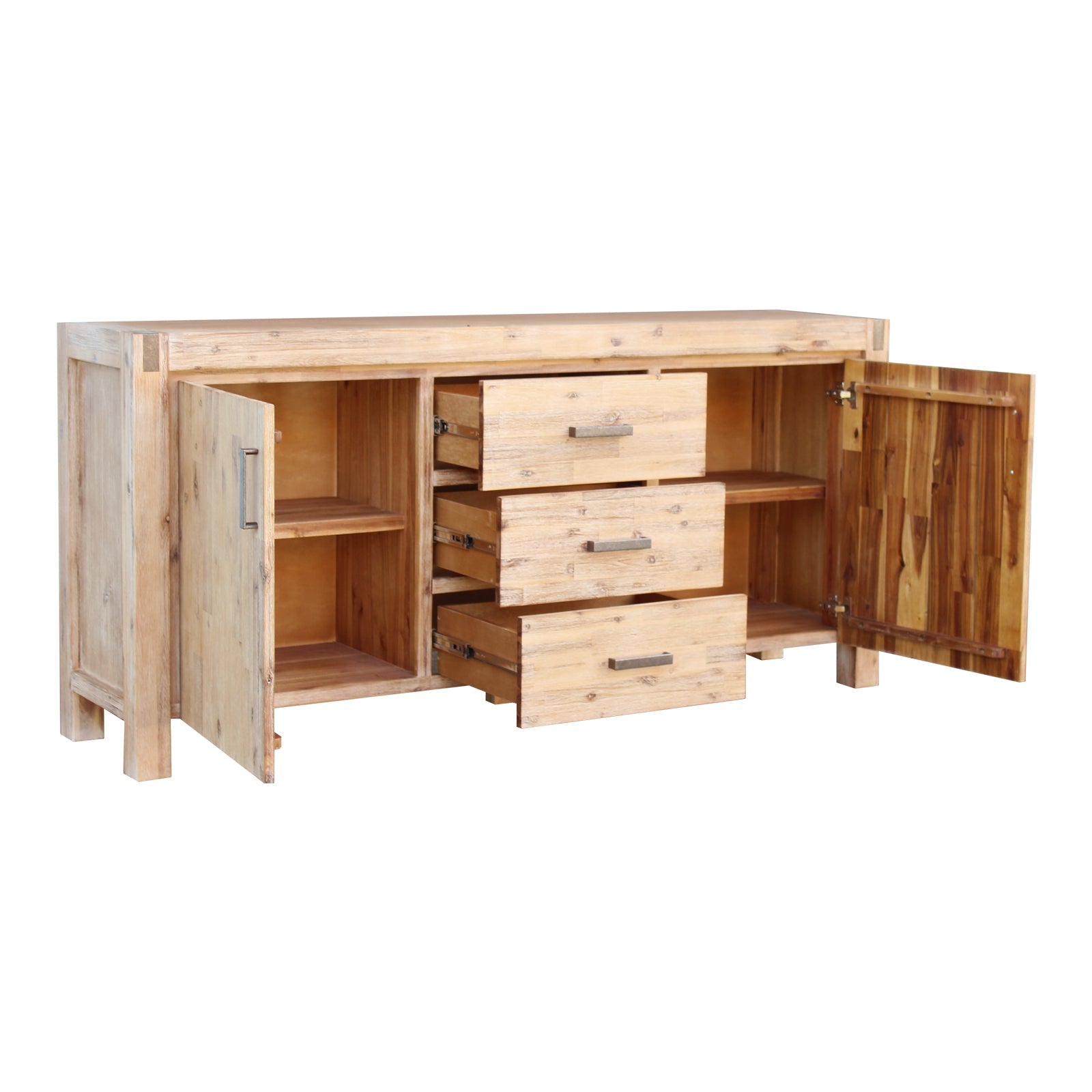 Oak sideboard with open storage: cabinet shelves and four drawers