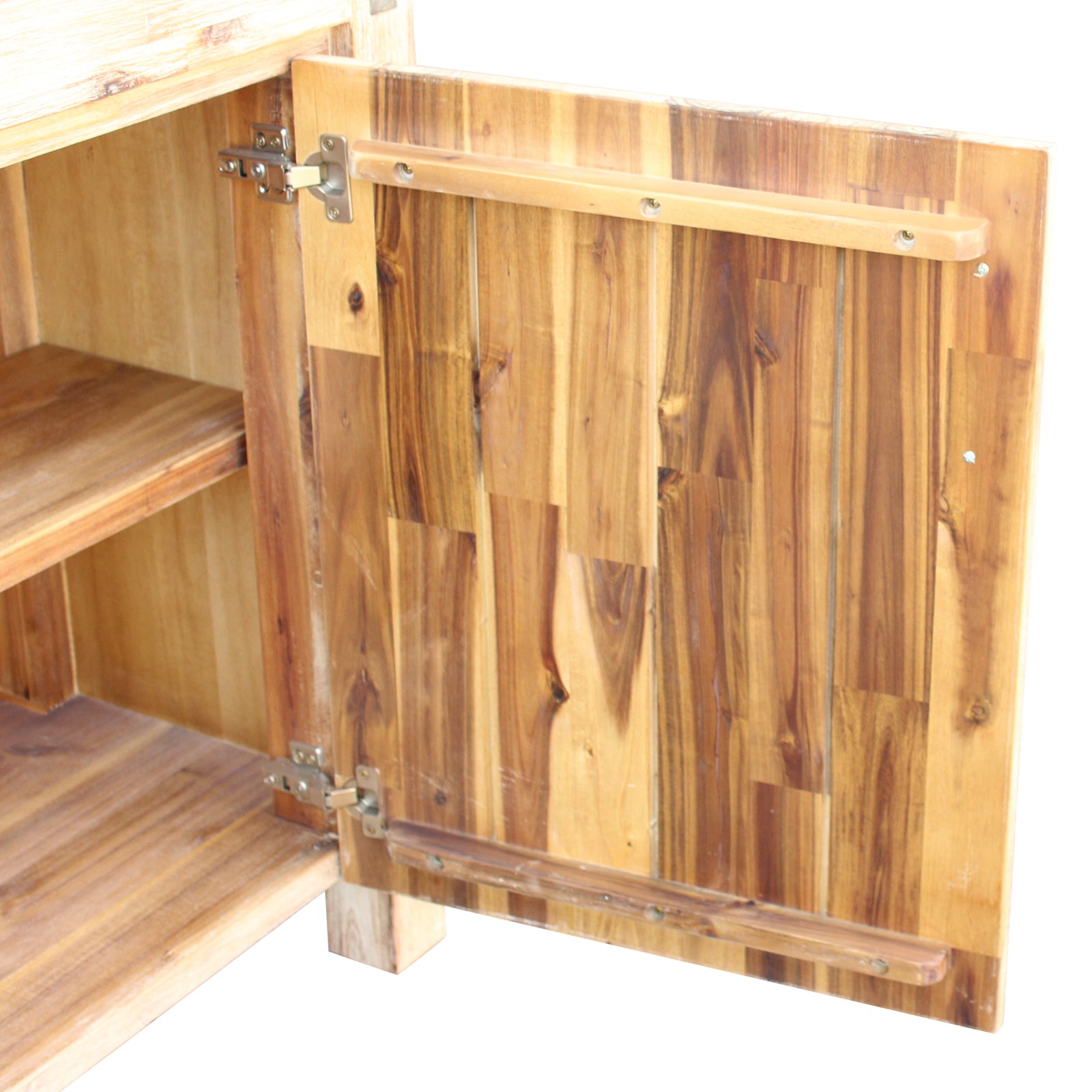 Oak sideboard doors open, showing hinges and interior shelves