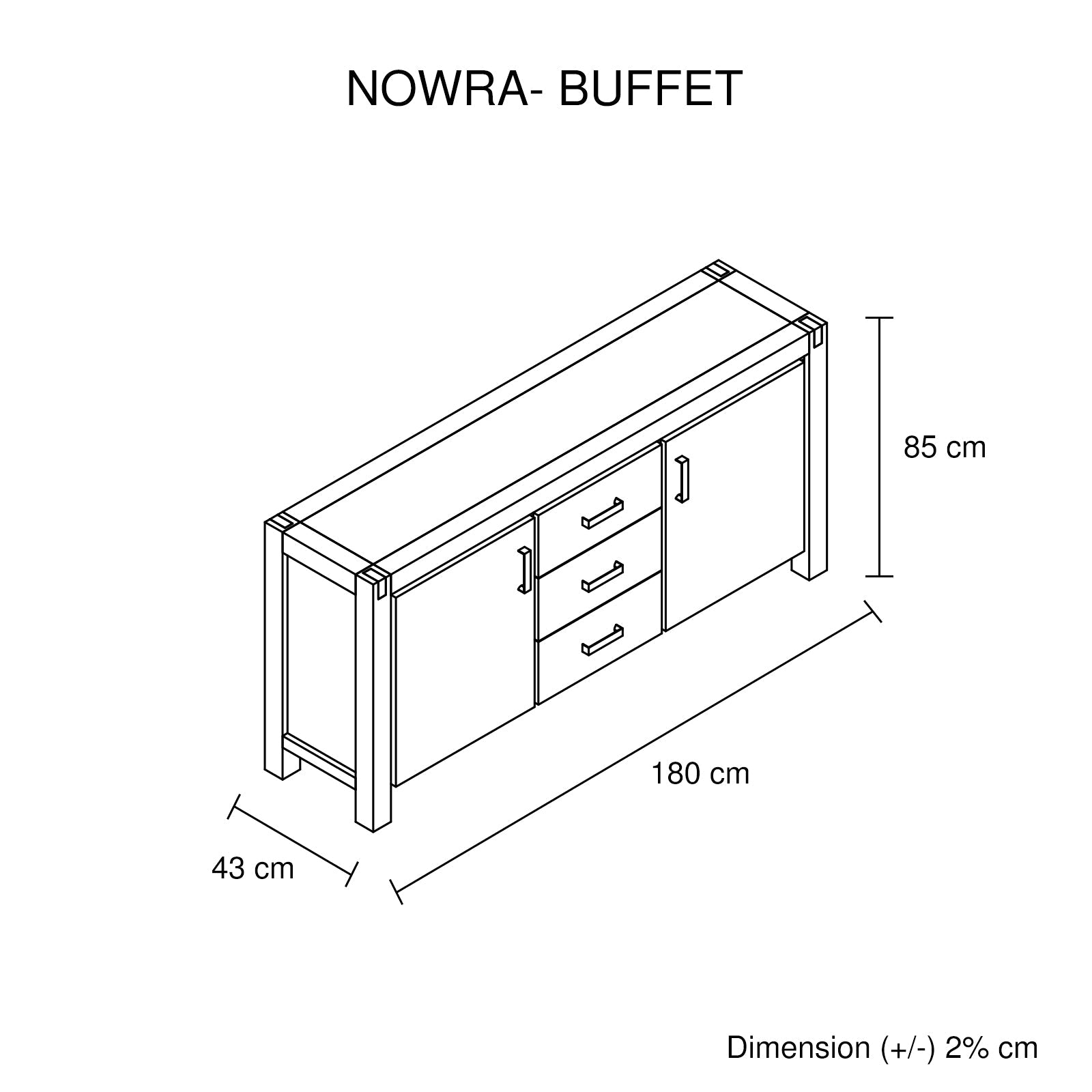 Buffet sideboard size diagram: 180 cm wide, 85 cm high, 43 cm deep
