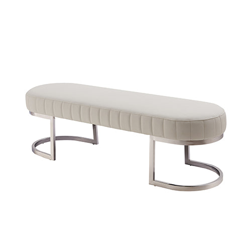 Padded bench chair with light beige upholstery and polished stainless steel curved base