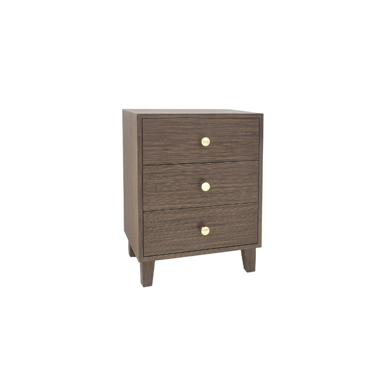 Brown bedside table with three drawers, round knobs, and tapered legs.